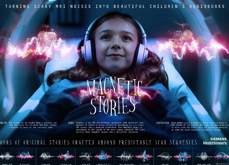 Young girl wearing headphones undergoing an MRI scan, with the text "Magnetic Stories" and a colorful sound wave overlay, promoting Siemens Healthineers' initiative to turn MRI noises into children's audiobooks.