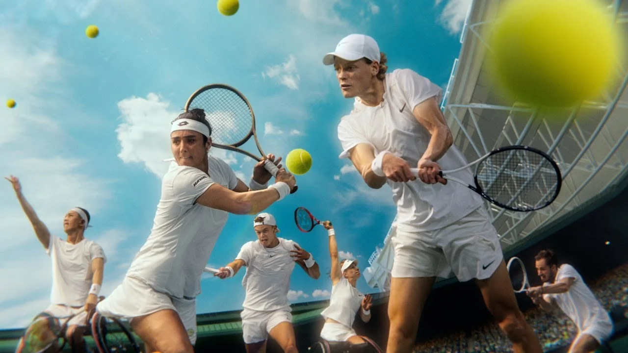 Professional tennis players in action during a match, multiple players hitting tennis balls on a court, clear blue sky background.