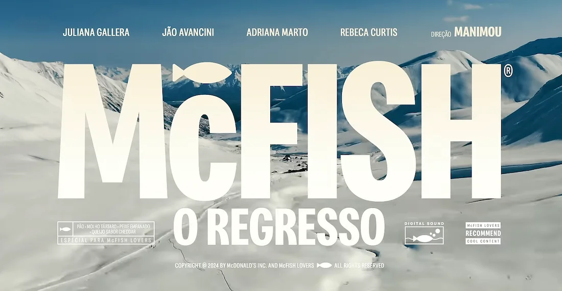 McFish O Regresso promotional poster with snowy mountain background, featuring cast names Juliana Gallera, Jão Avancini, Adriana Marto, Rebeca Curtis, and directed by Manimou.