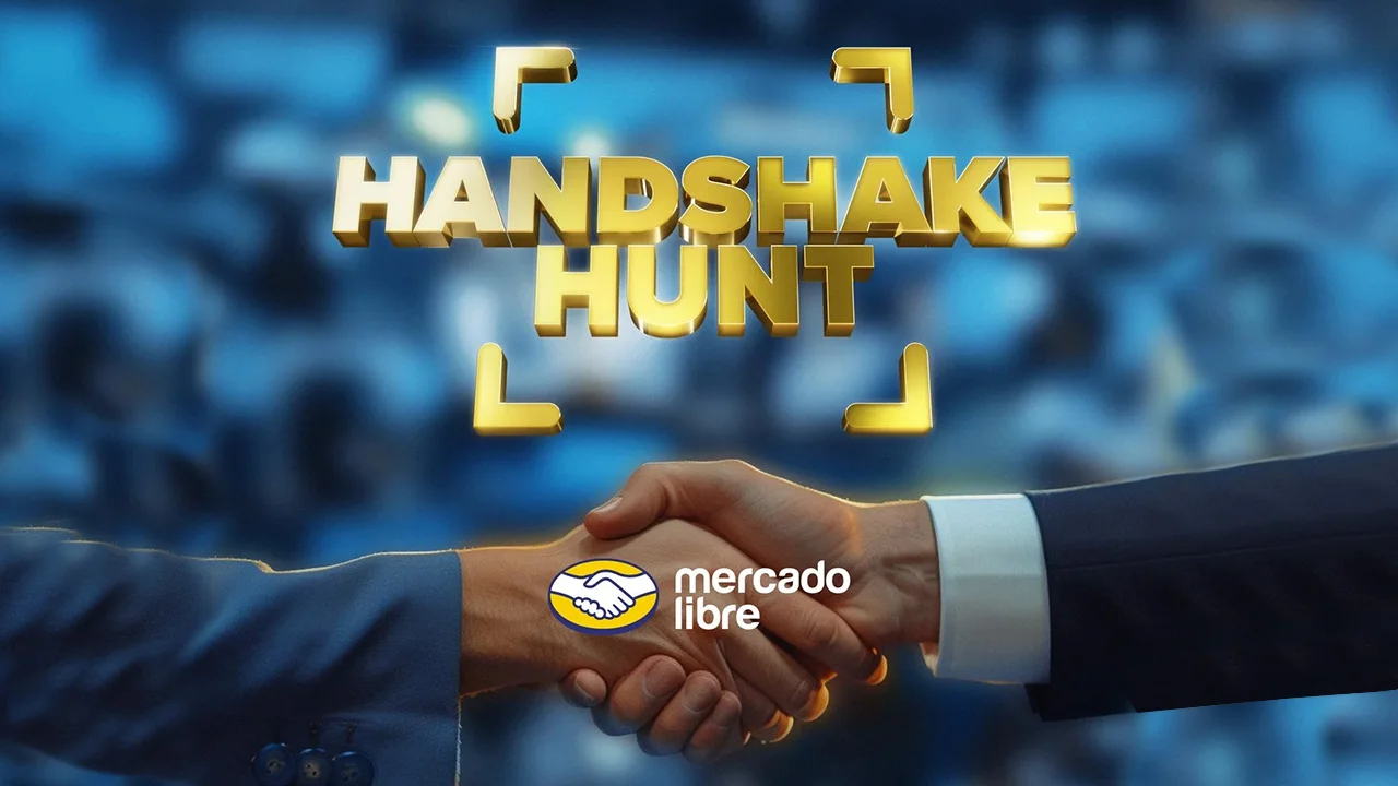 Two hands shaking with "Handshake Hunt" text and Mercado Libre logo in the foreground.