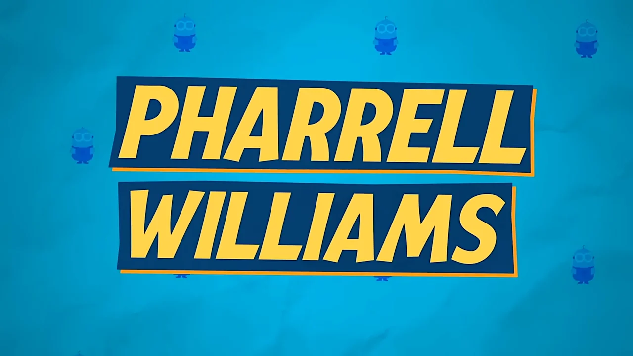 Pharrell Williams name in bold yellow text on a blue background with small minion characters.