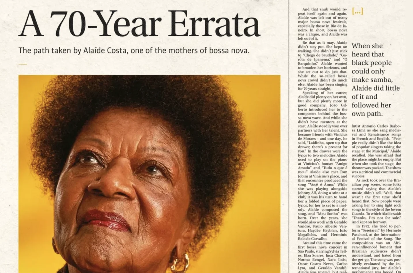 Magazine article titled "A 70-Year Errata" featuring a portrait of Alaíde Costa, a prominent figure in bossa nova music, with accompanying text detailing her career and contributions.