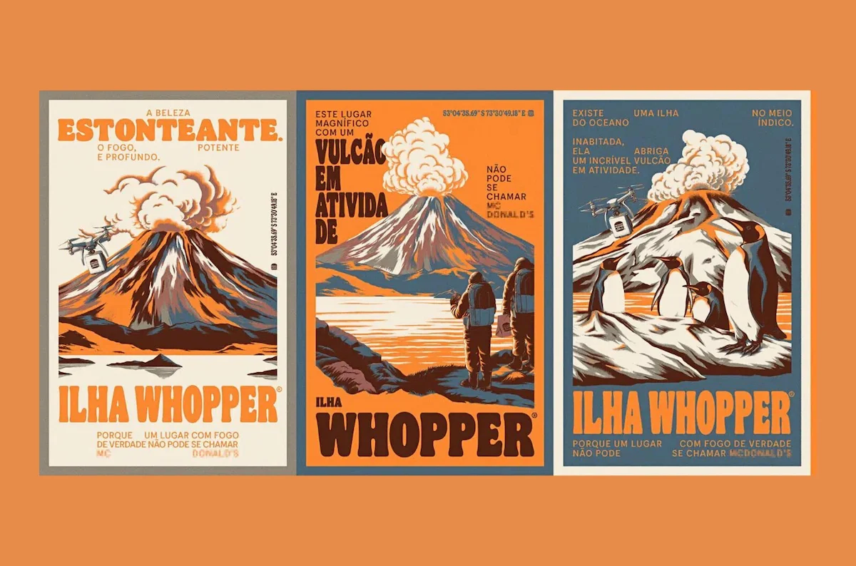 Three illustrated posters of "Ilha Whopper" featuring an erupting volcano, explorers, and penguins, with vibrant orange and blue color schemes.