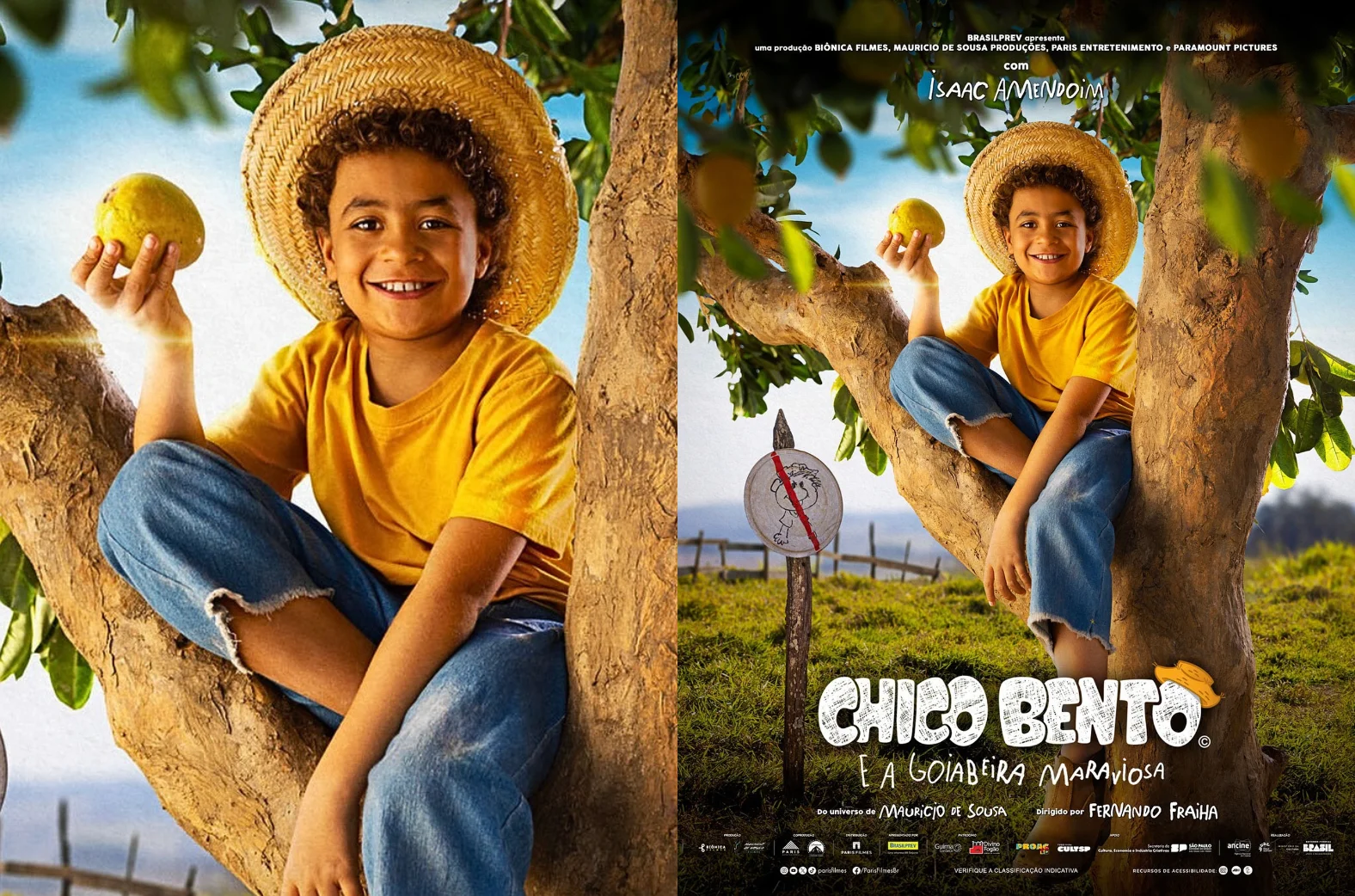 Movie poster of Chico Bento e a Goiabeira Maraviosa, featuring a smiling boy in a straw hat sitting in a tree and holding a guava.