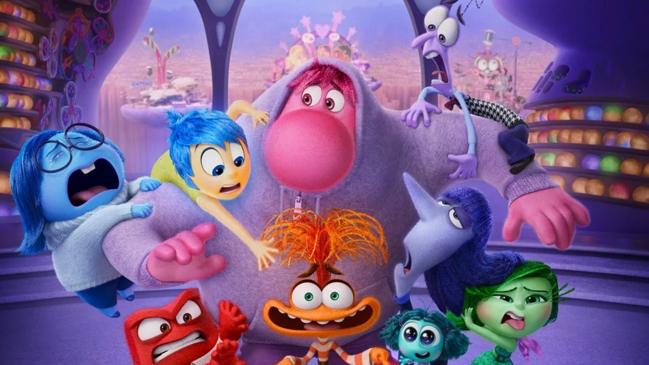 Animated characters from Inside Out expressing various emotions in a colorful setting.