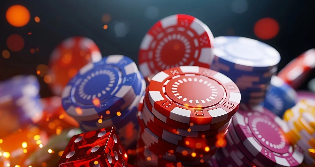 Colorful poker chips and dice on a casino table with a blurred background.