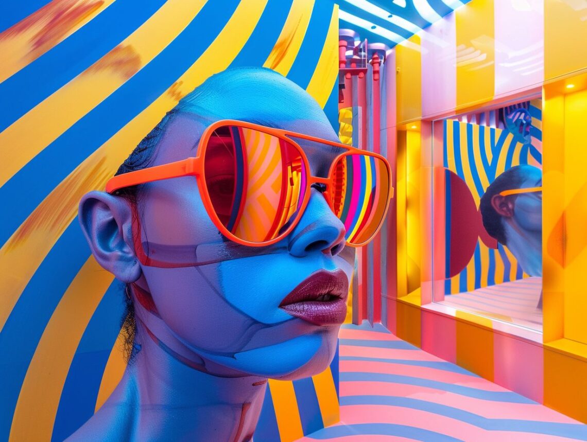 Person with blue skin wearing orange sunglasses in a vibrant, colorful room with yellow and blue stripes.