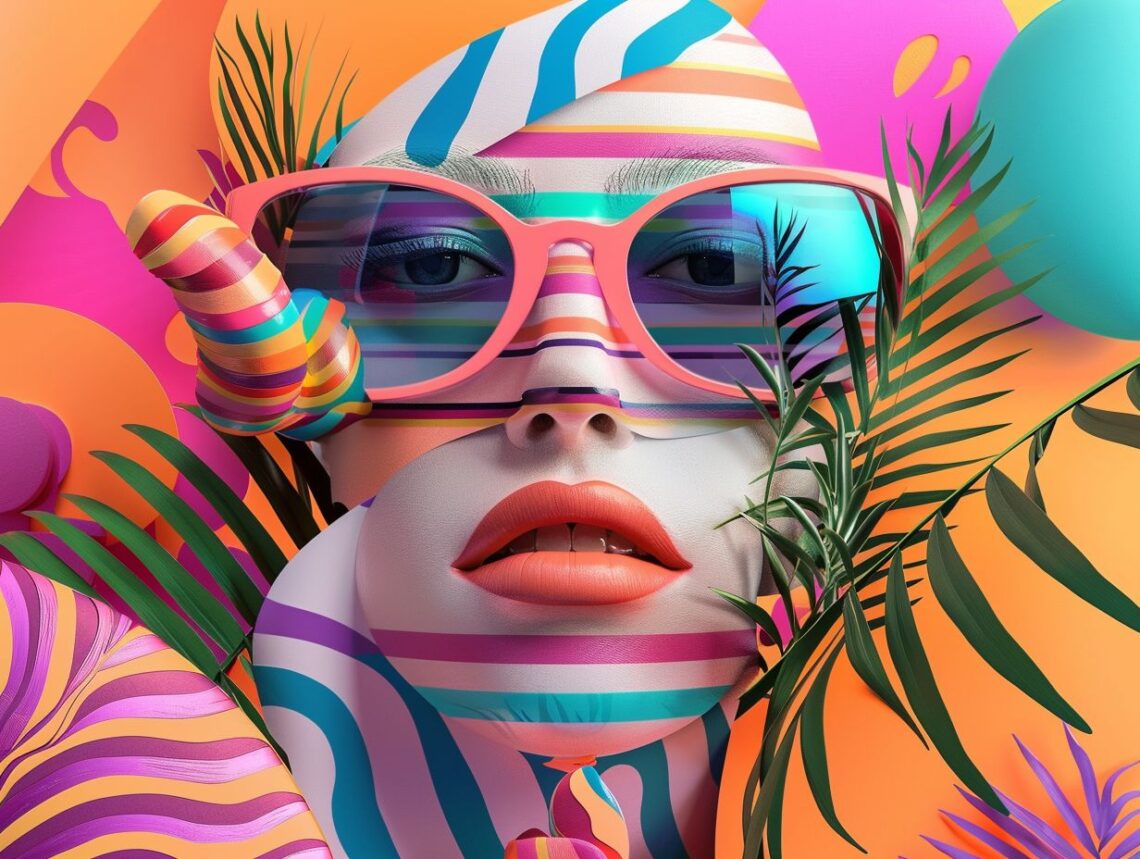 Colorful abstract portrait featuring a woman with striped face paint, vibrant sunglasses, and tropical leaves against a bold orange and pink background.