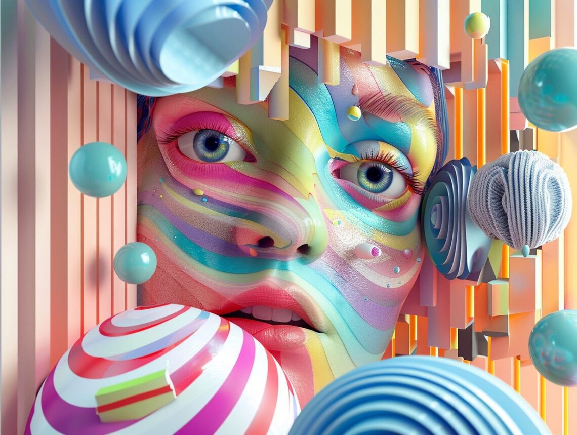 Colorful abstract digital art featuring a face with vibrant, swirling patterns and geometric shapes.