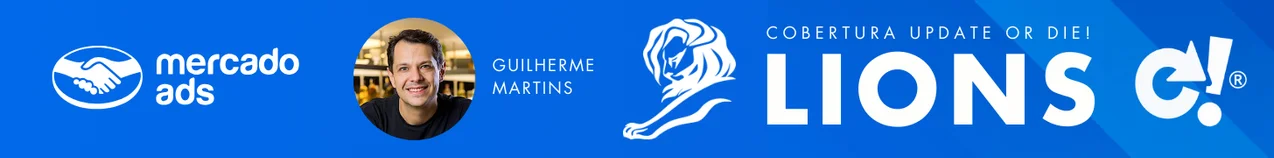 Mercado Ads banner featuring Guilherme Martins and the Lions logo with the text "Cobertura Update or Die!" on a blue background.