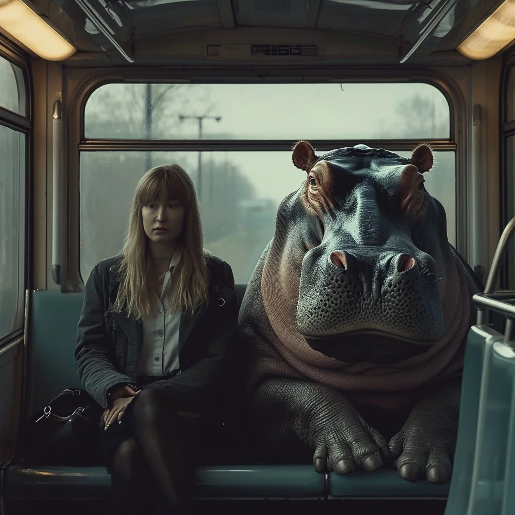 Woman sitting next to a hippo on a train, surreal scene, public transportation, unusual passenger, hippo on train seat.