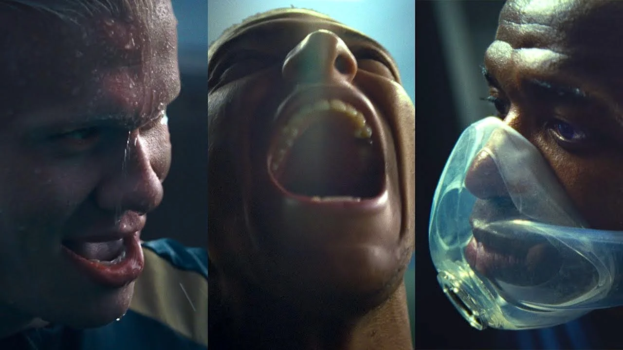 Three intense close-up shots of athletes, one sweating, one yelling, and one wearing an oxygen mask.