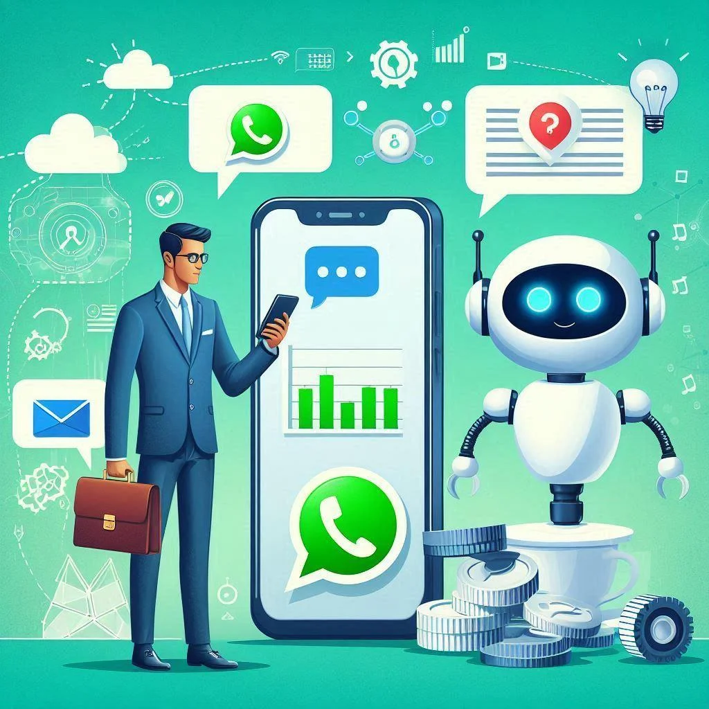 Businessman using smartphone with chatbot and financial data on large mobile screen, surrounded by icons representing communication and technology.