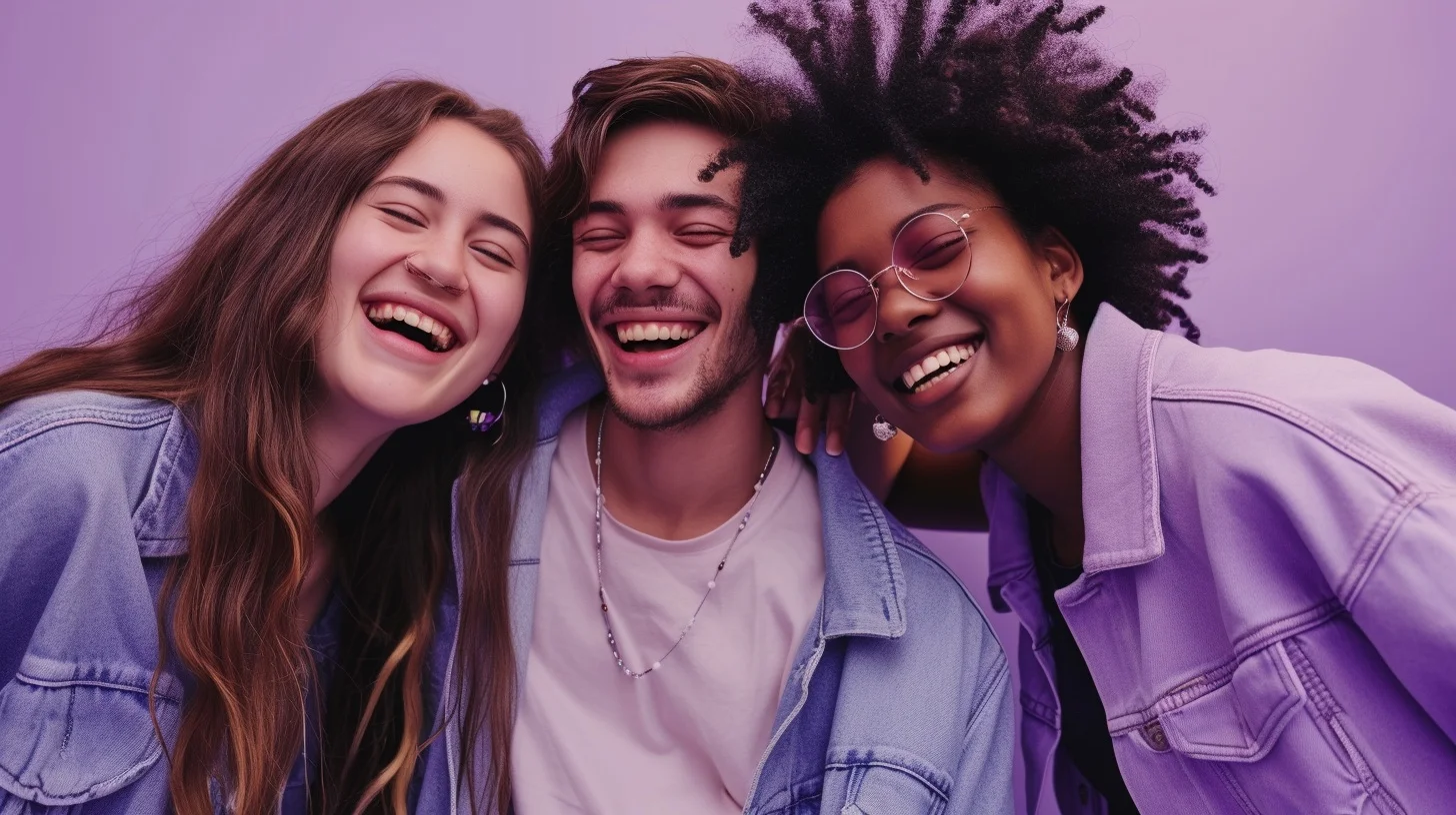 Three friends laughing together in a purple-themed photo studio, all wearing denim jackets.