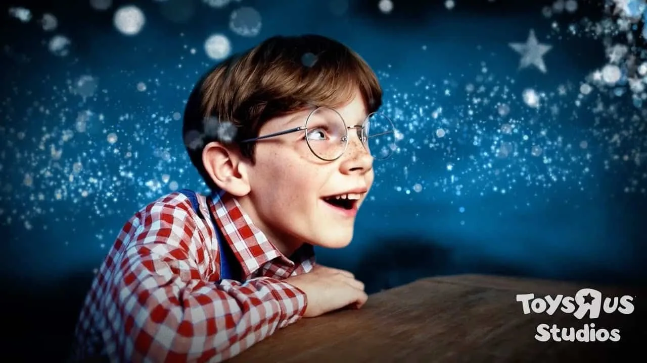 Excited child with glasses and red plaid shirt marveling at sparkling stars, Toys R Us Studios logo in the corner.