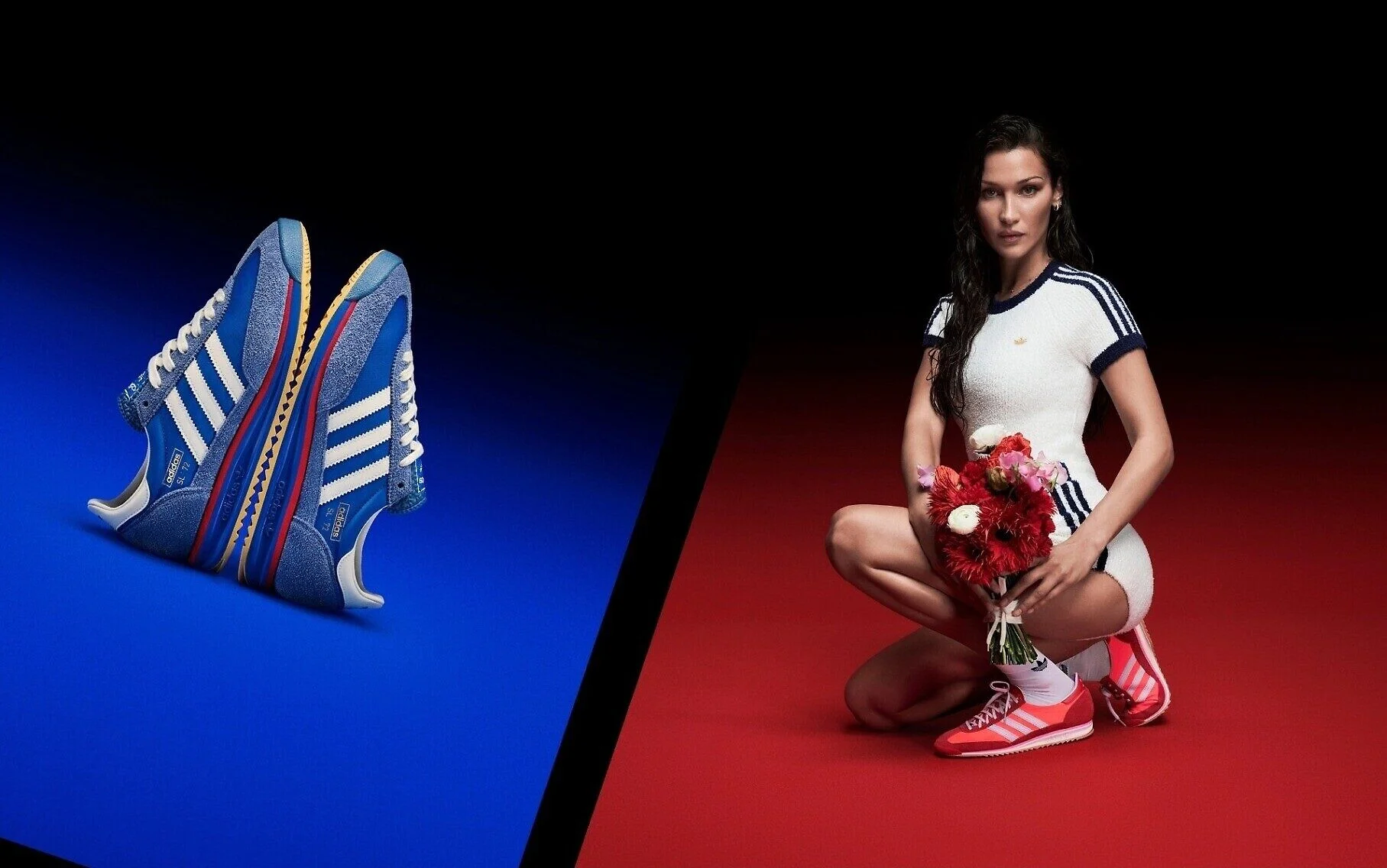 Adidas sneakers and model holding flowers in a sportswear photoshoot