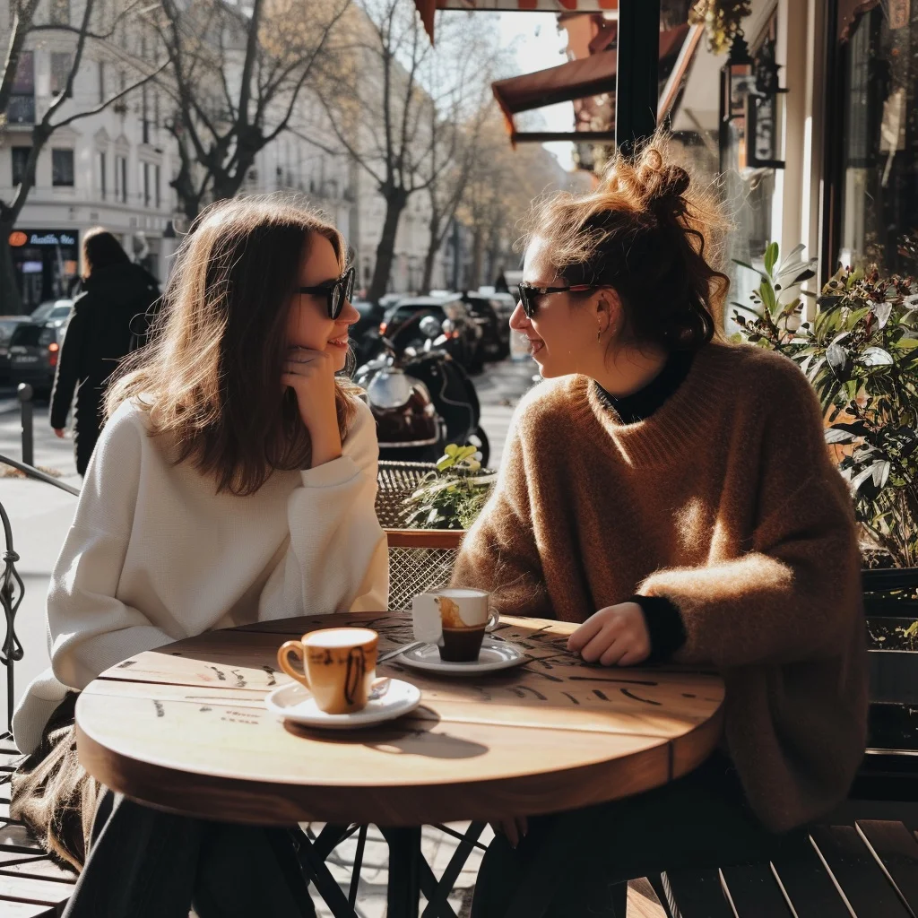 Perguntas. Two women enjoying coffee at an outdoor café on a sunny day.