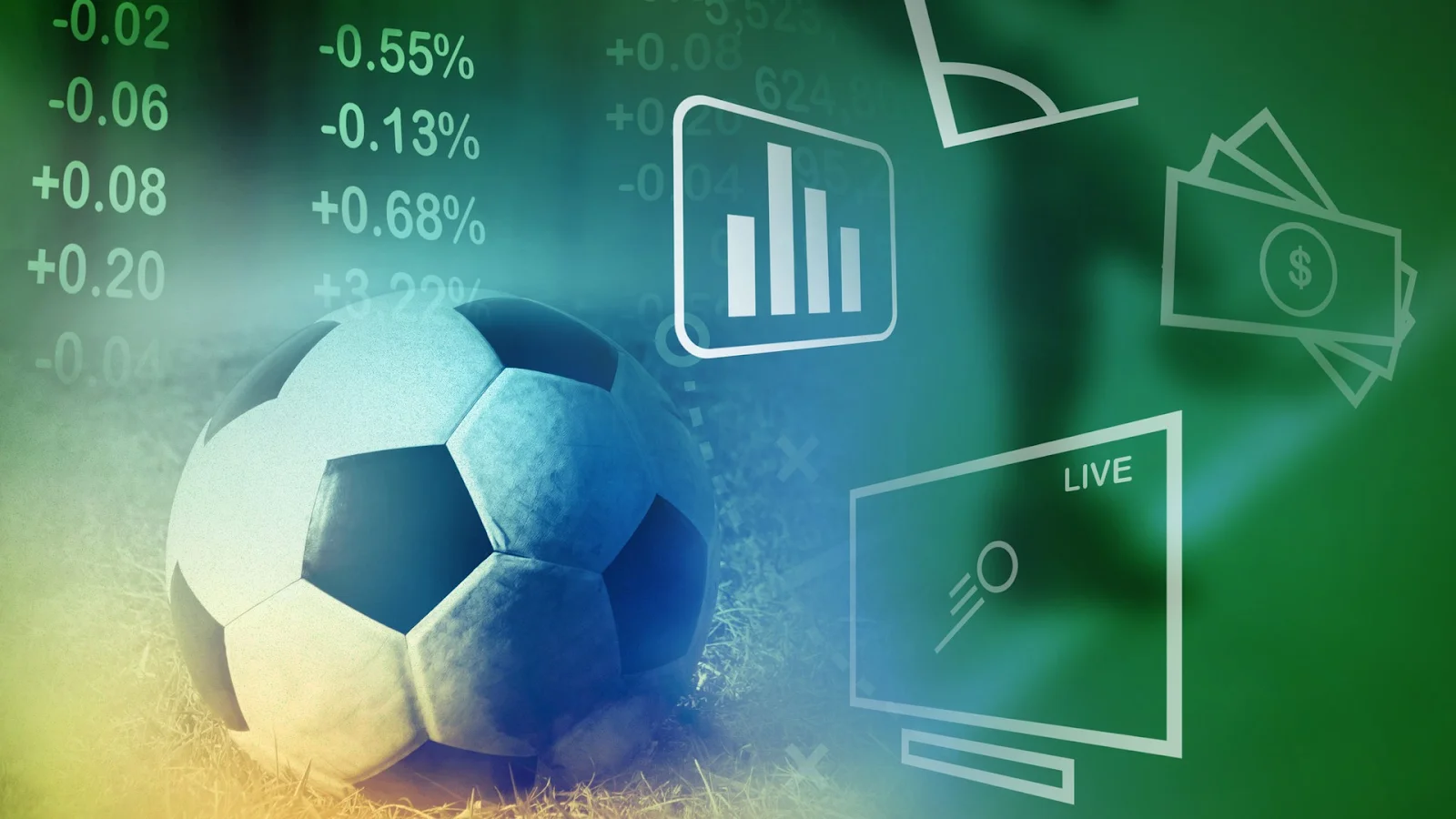 Soccer ball on grass with financial data, live betting graphics, and money symbols, illustrating the connection between sports and betting markets.