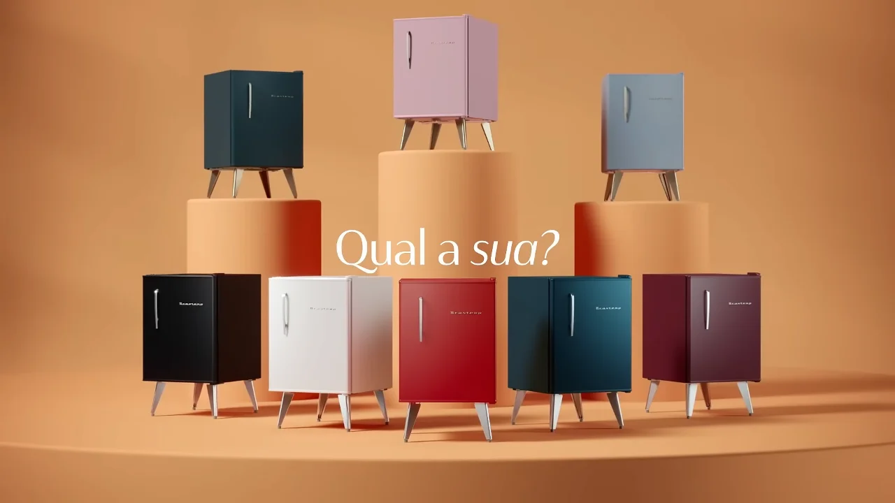 Colorful mini fridges on display podiums with text "Qual a sua?"