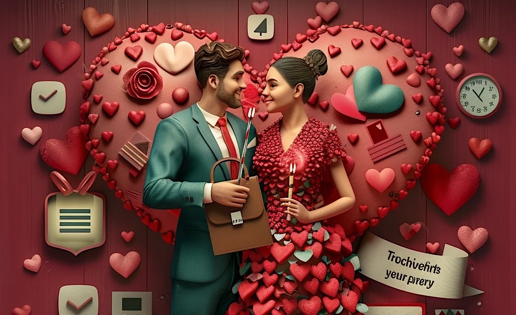 Romantic couple celebrating Valentine's Day with heart decorations, holding candles, and smiling at each other in front of a heart-shaped backdrop.