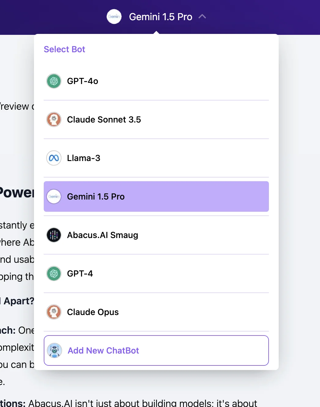 Chatbot selection menu featuring various AI models including GPT-4o, Claude Sonnet 3.5, Llama-3, Gemini 1.5 Pro, Abacus.AI Smaug, GPT-4, and Claude Opus.