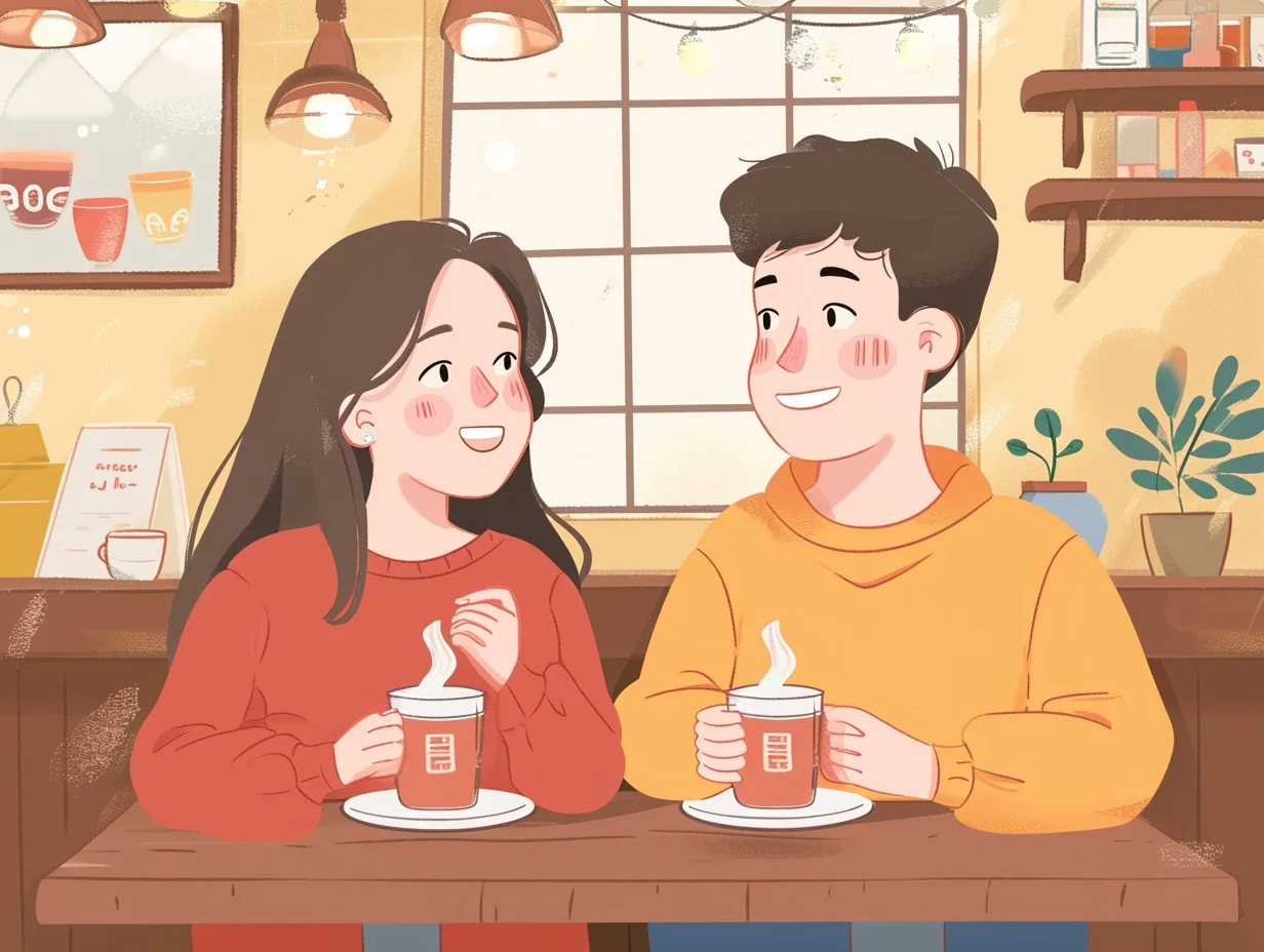 Illustration of a smiling couple enjoying hot beverages in a cozy café.