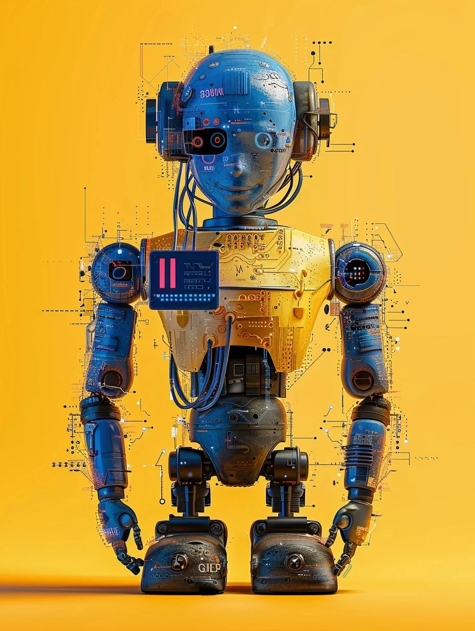 Futuristic humanoid robot with blue and yellow metallic body, intricate circuitry, and digital interface on chest, set against a bright yellow background.