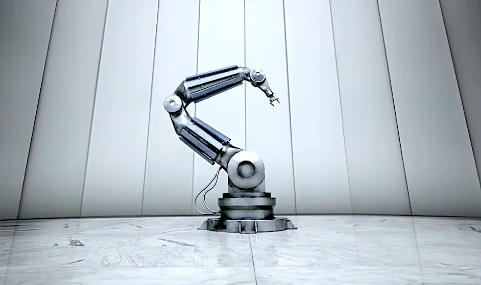 Industrial robotic arm in a modern, minimalistic setting.