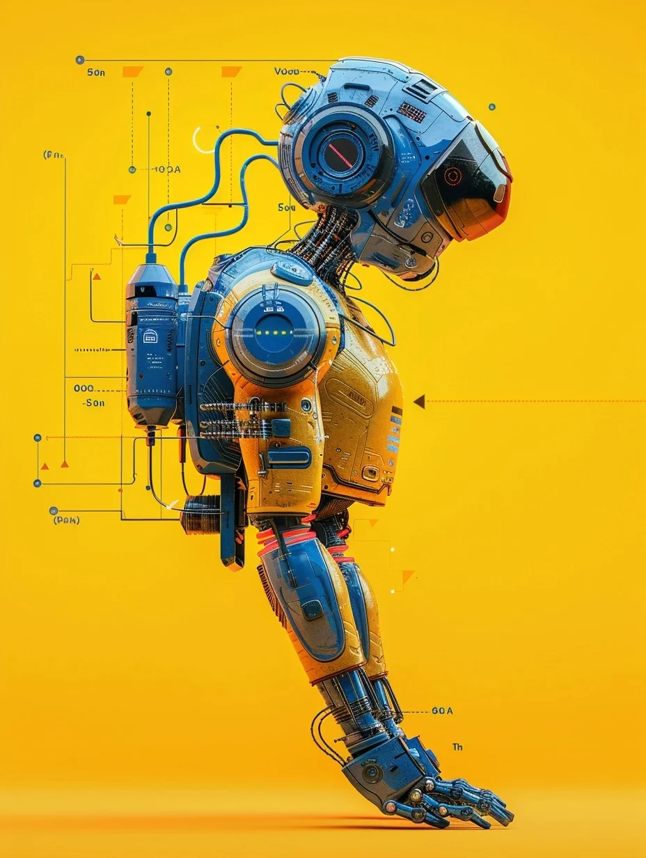 Futuristic robot with intricate design and mechanical components on a bright yellow background