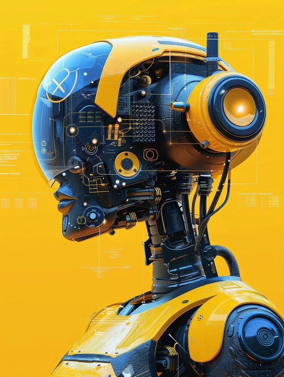 Futuristic yellow and black robot with a transparent helmet and intricate circuitry against a bright yellow background.