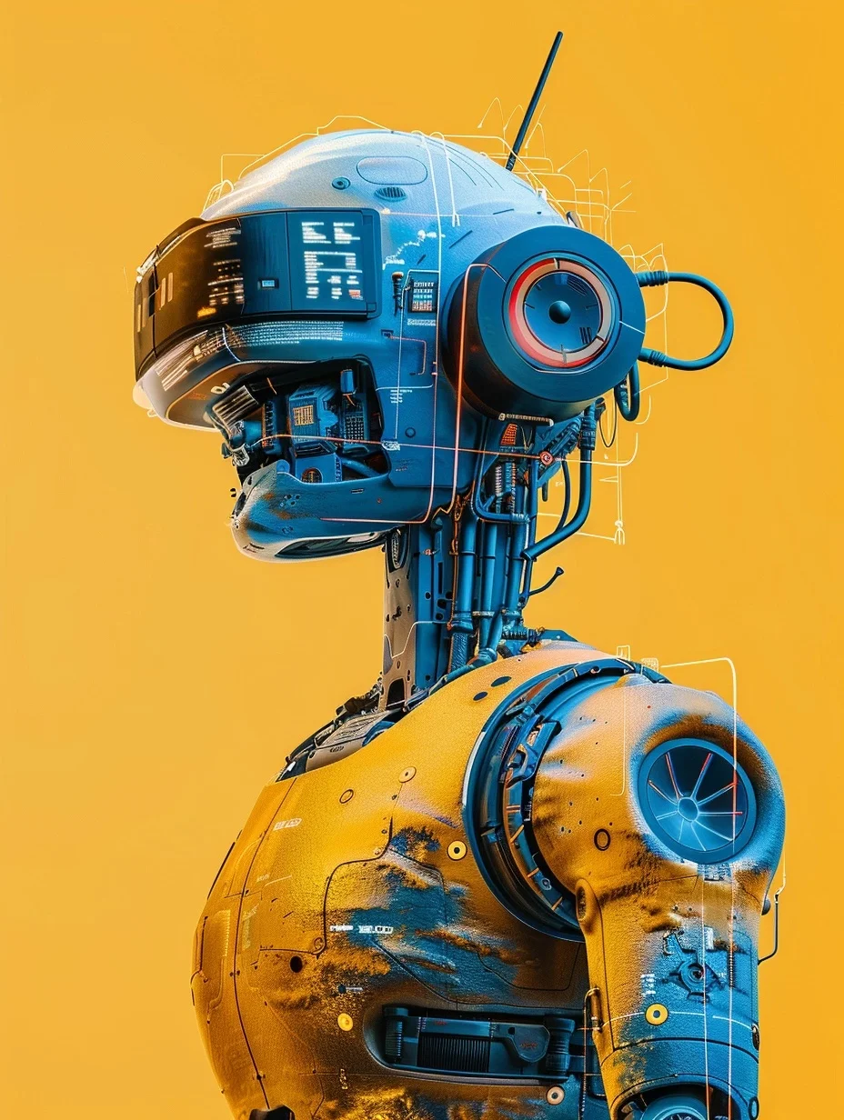 Futuristic robot with advanced technology and helmet on a yellow background