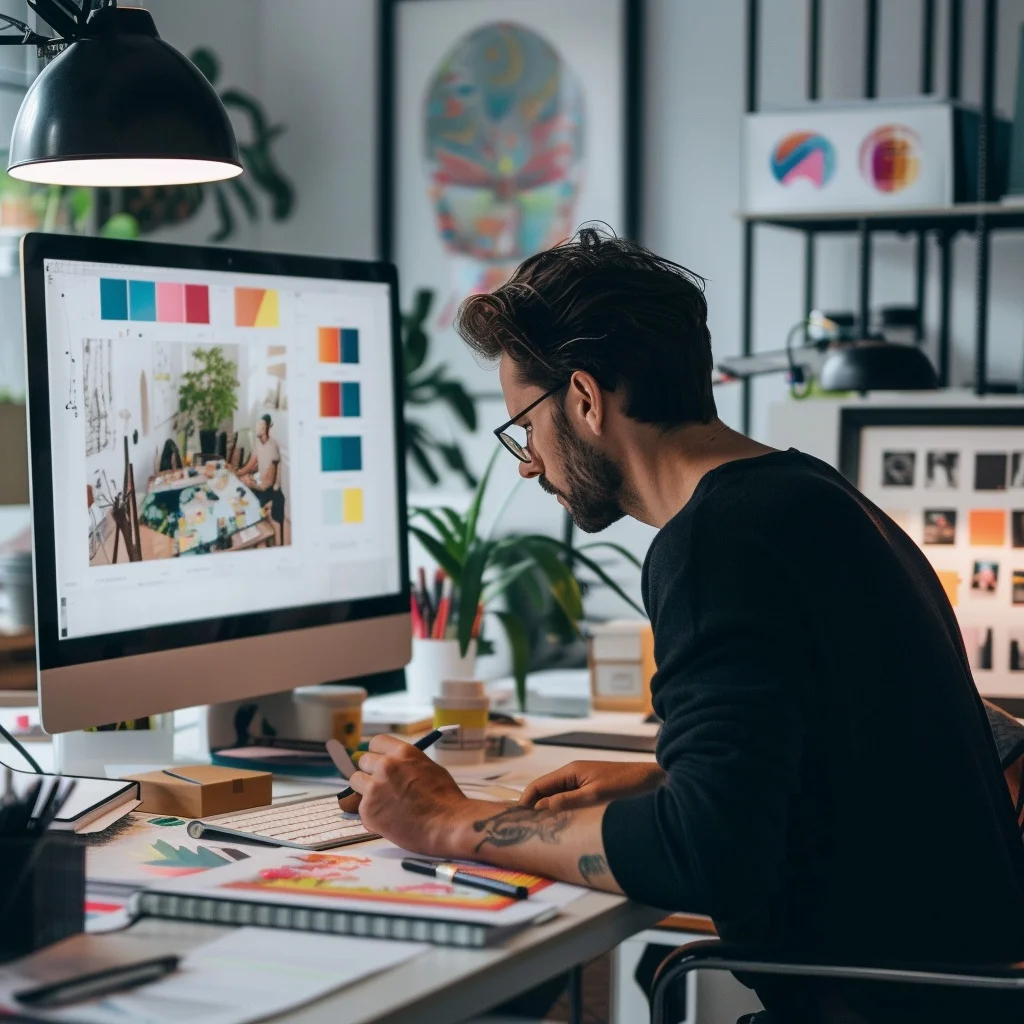 Graphic designer working on a computer in a modern, creative office space with colorful artwork and plants.