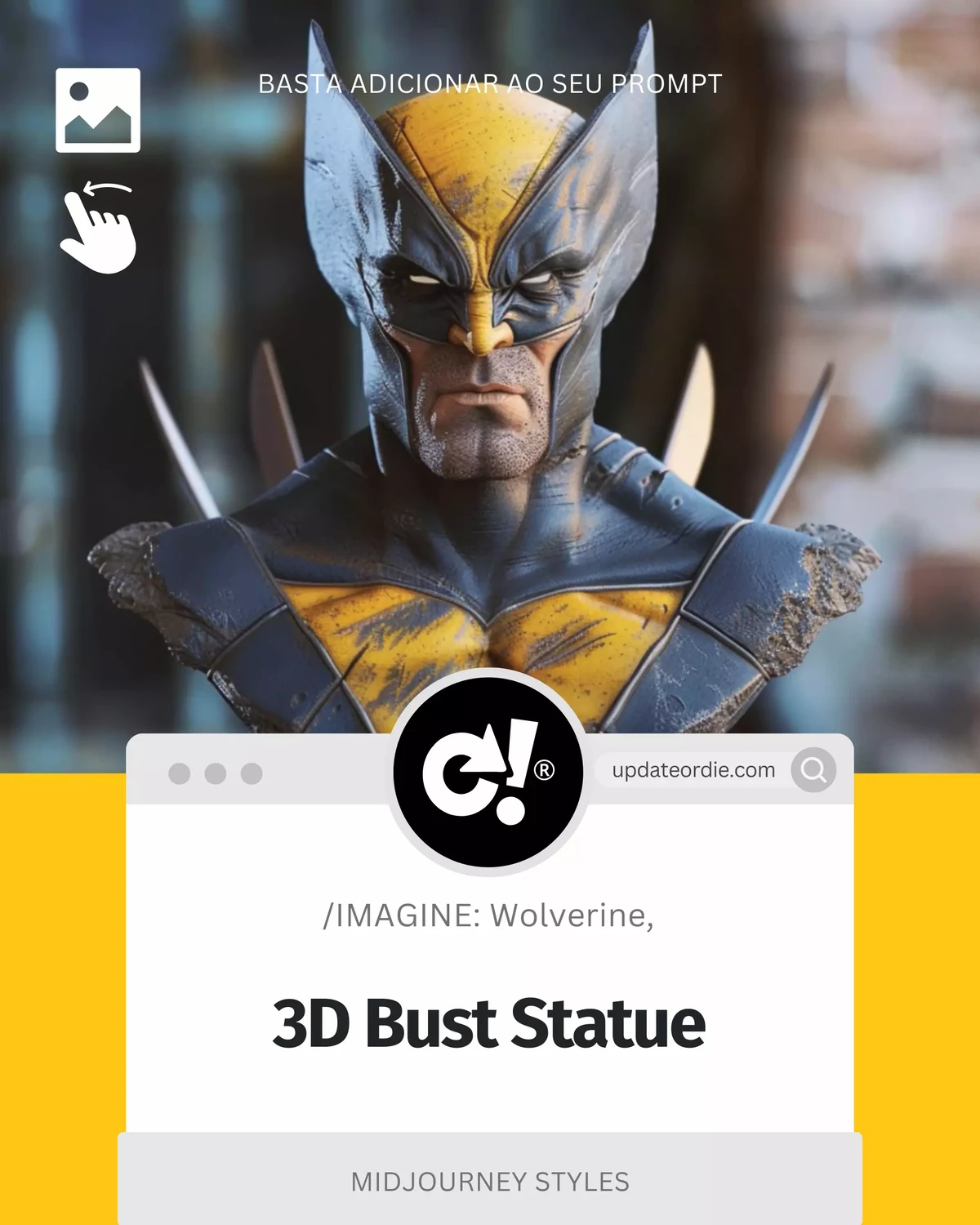 3D bust statue of Wolverine with detailed textures and realistic design, displayed on a website with a yellow background.