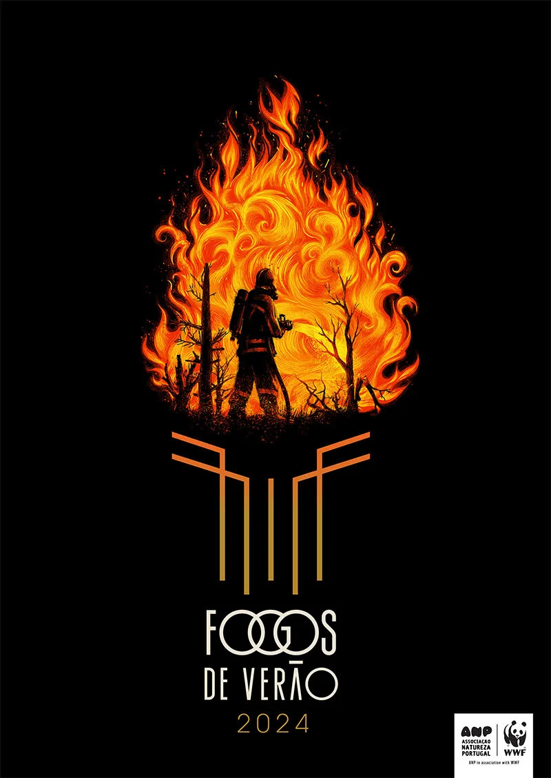 Poster for "Fogos de Verão 2024" featuring a firefighter silhouetted against a large, swirling flame with logos of Associação Natureza Portugal and WWF.