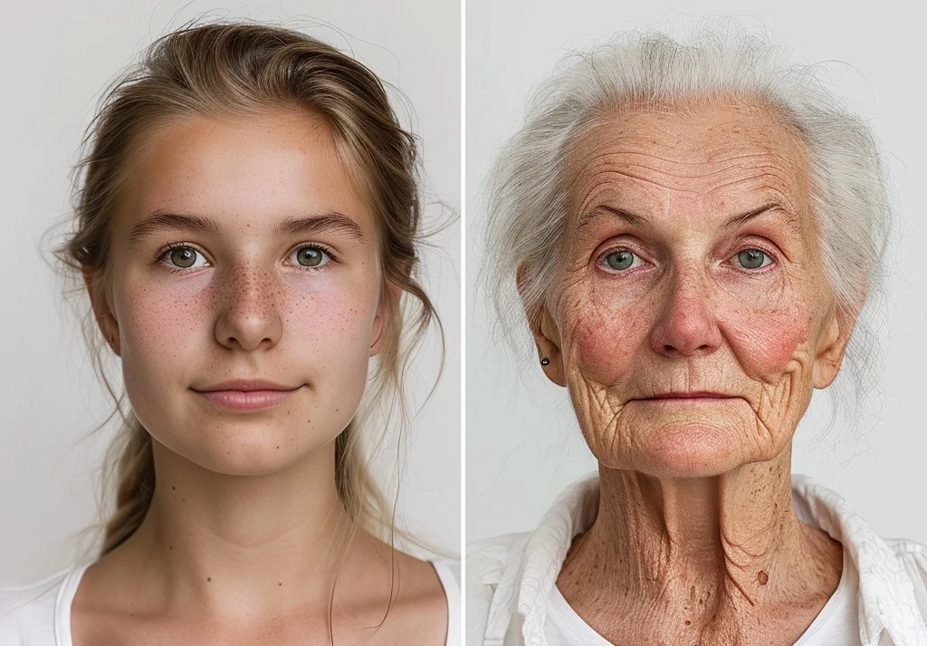 Side-by-side portraits of a young girl and an elderly woman showing the contrast in age and facial features.