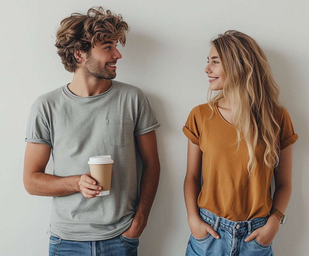 Young man and woman smiling at each other, casual clothing, holding coffee cup, standing against white background.