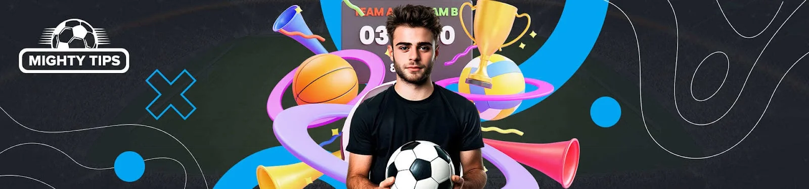 Young man holding a soccer ball with colorful sports-themed graphics in the background, promoting sports tips and events.