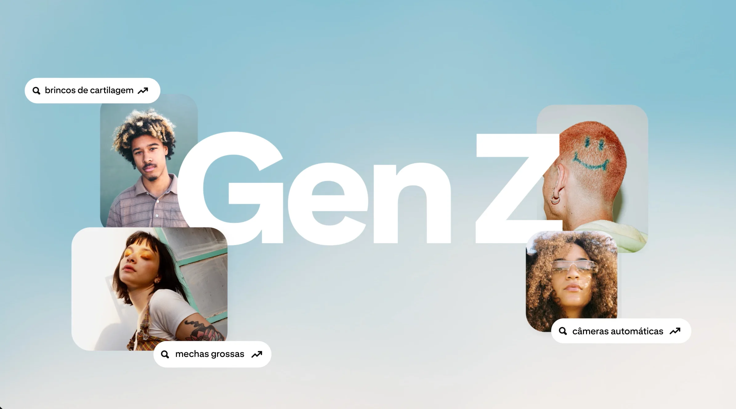 Gen Z collage with diverse individuals and trending search terms like cartilage earrings, thick highlights, and automatic cameras.