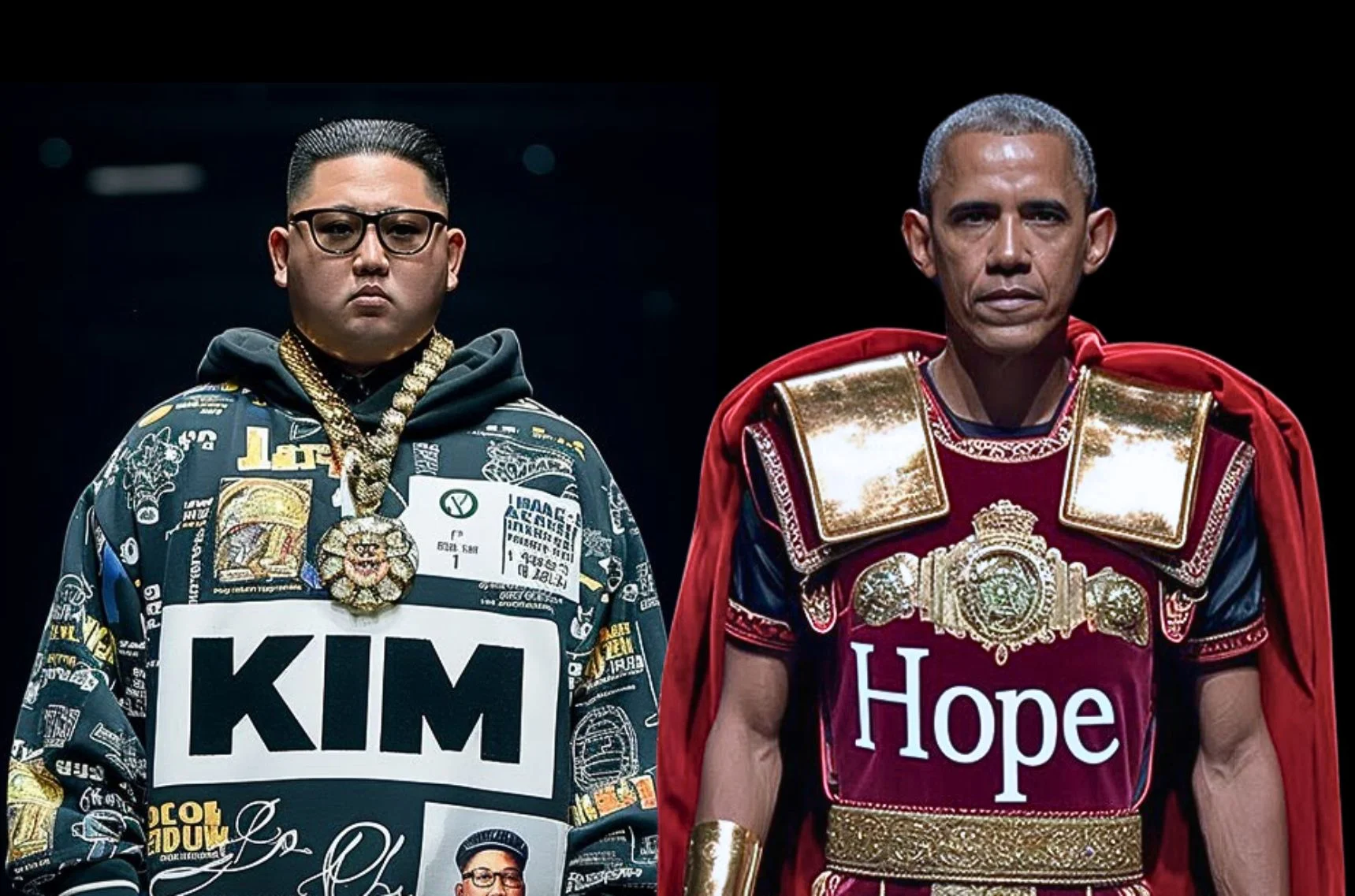 Two men in striking outfits stand side by side. On the left, a man wearing a graphic hoodie with the name "KIM" prominently displayed and adorned with multiple gold chains. On the right, a man dressed in a Roman-inspired costume featuring a red cape and armor, with the word "Hope" featured on his chest. The background is dark, emphasizing their contrasting styles.