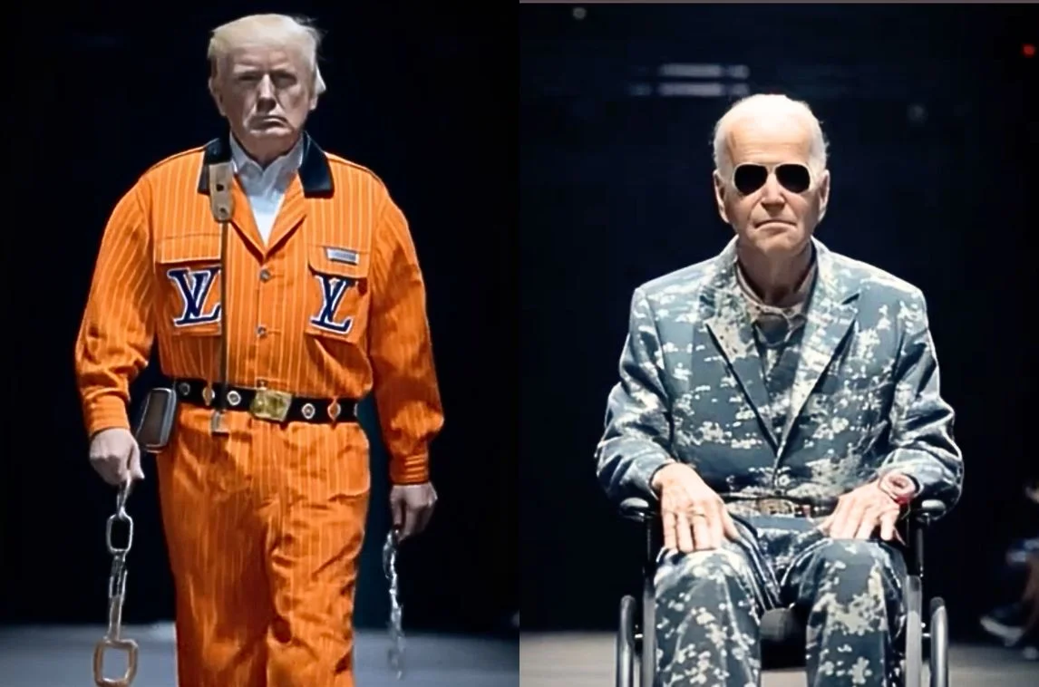 Image depicting two figures side by side: one wearing an orange Louis Vuitton jumpsuit with chains, representing a stylized version of a former president, and the other in a military-patterned suit seated in a wheelchair, representing a stylized version of the current president. The background is dimly lit, emphasizing the contrasting fashion and postures of the figures.