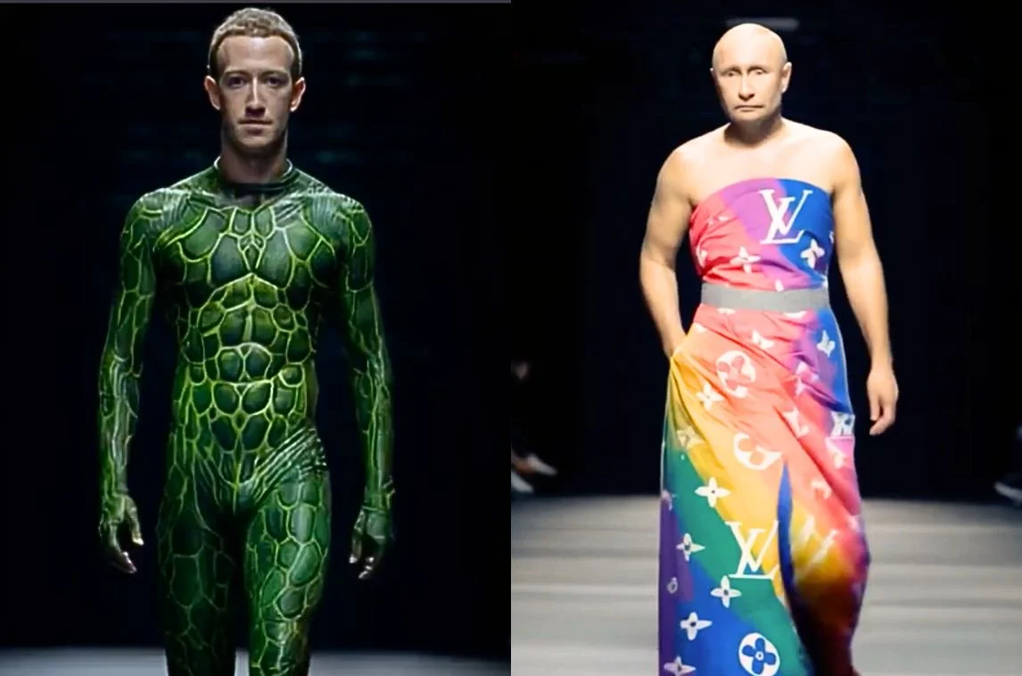 Image featuring two male figures on a runway: one dressed in a green, scale-patterned bodysuit and the other in a colorful, Louis Vuitton-inspired dress. The setting appears to be a fashion show, highlighting unique and avant-garde styles.