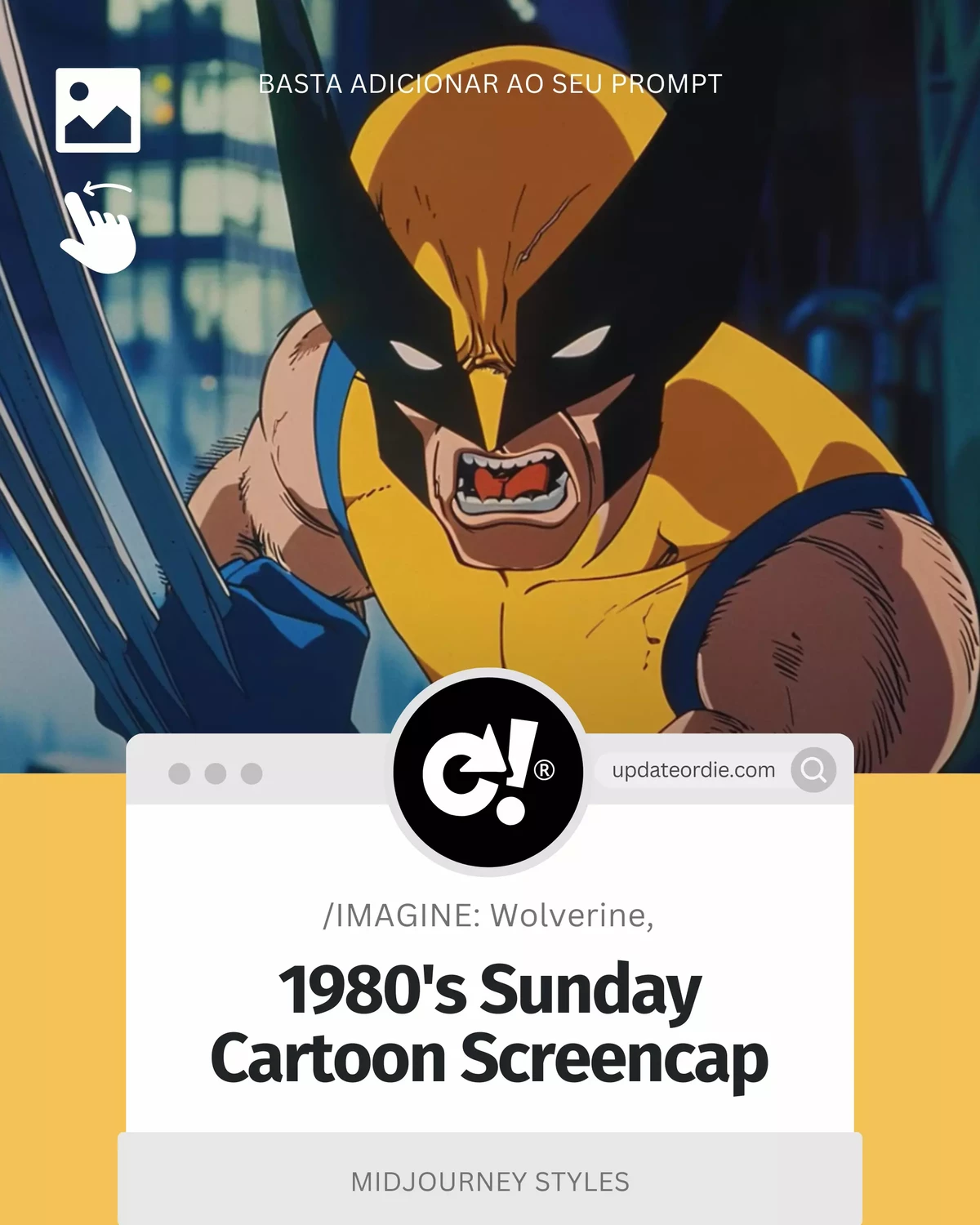 Wolverine from 1980s Sunday cartoon, screenshot with yellow and blue costume, claws extended, and fierce expression.