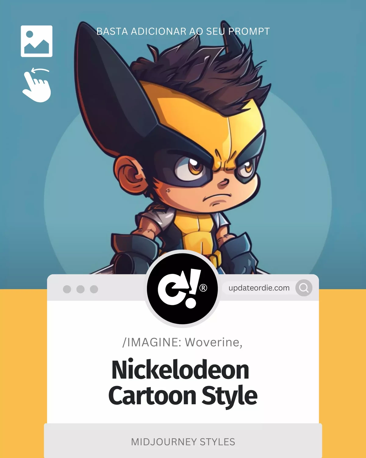 Cartoon-style Wolverine character in Nickelodeon animation style with a blue background and website interface elements.