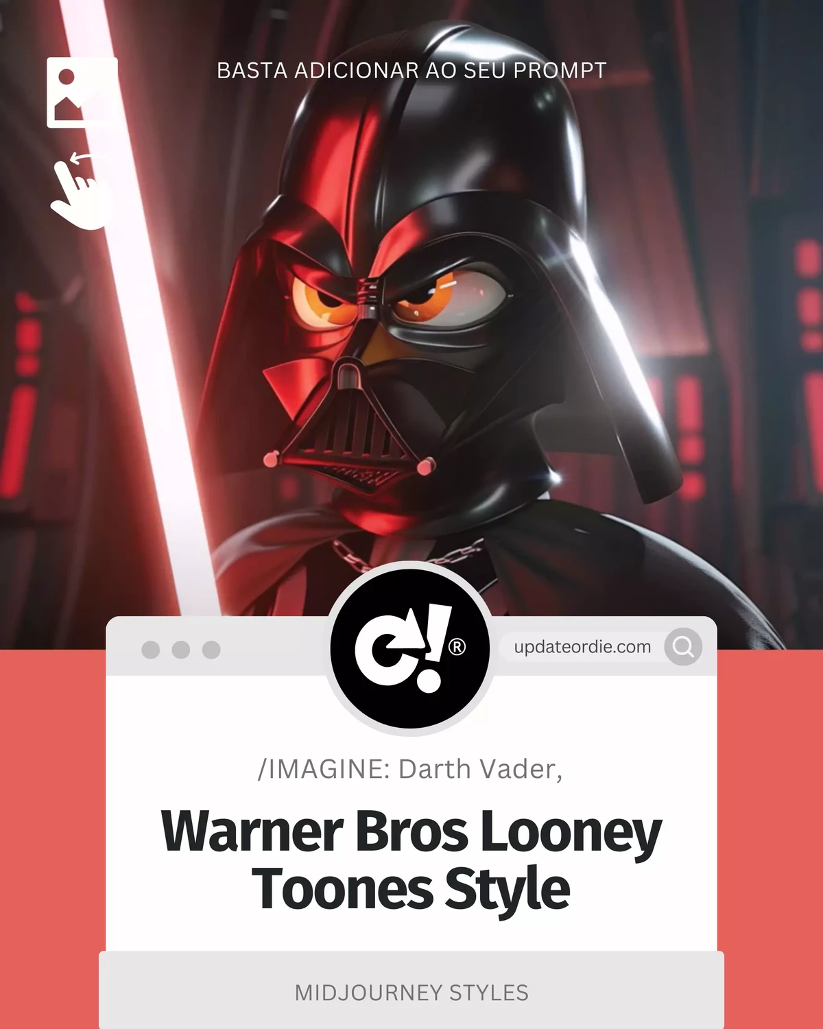 MidJourney Styles. Cartoon-style Darth Vader with a Looney Tunes aesthetic holding a red lightsaber, featuring MidJourney Styles branding.