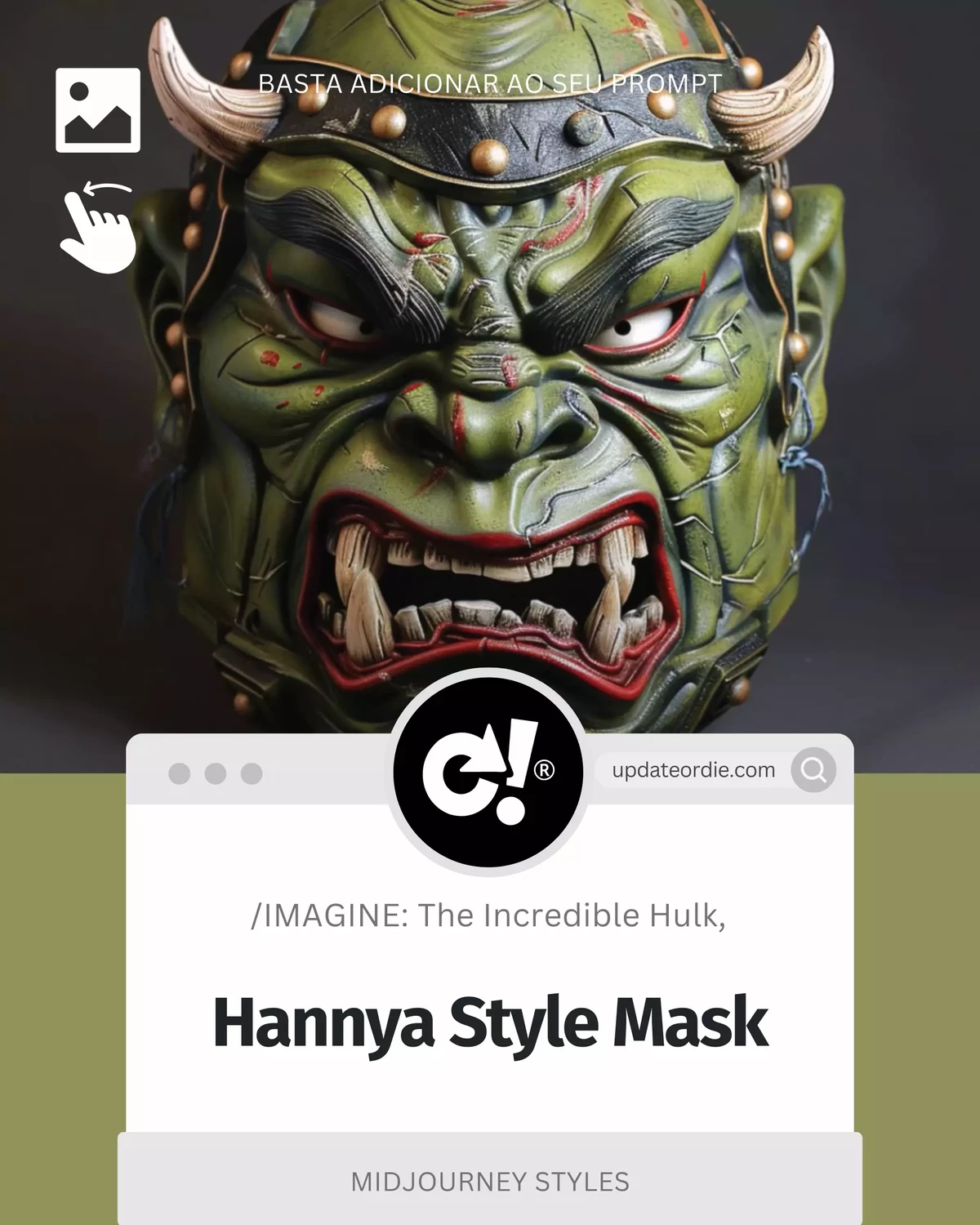 Green Hannya-style mask resembling the Incredible Hulk with fierce expression and horns, featured on Update or Die website.