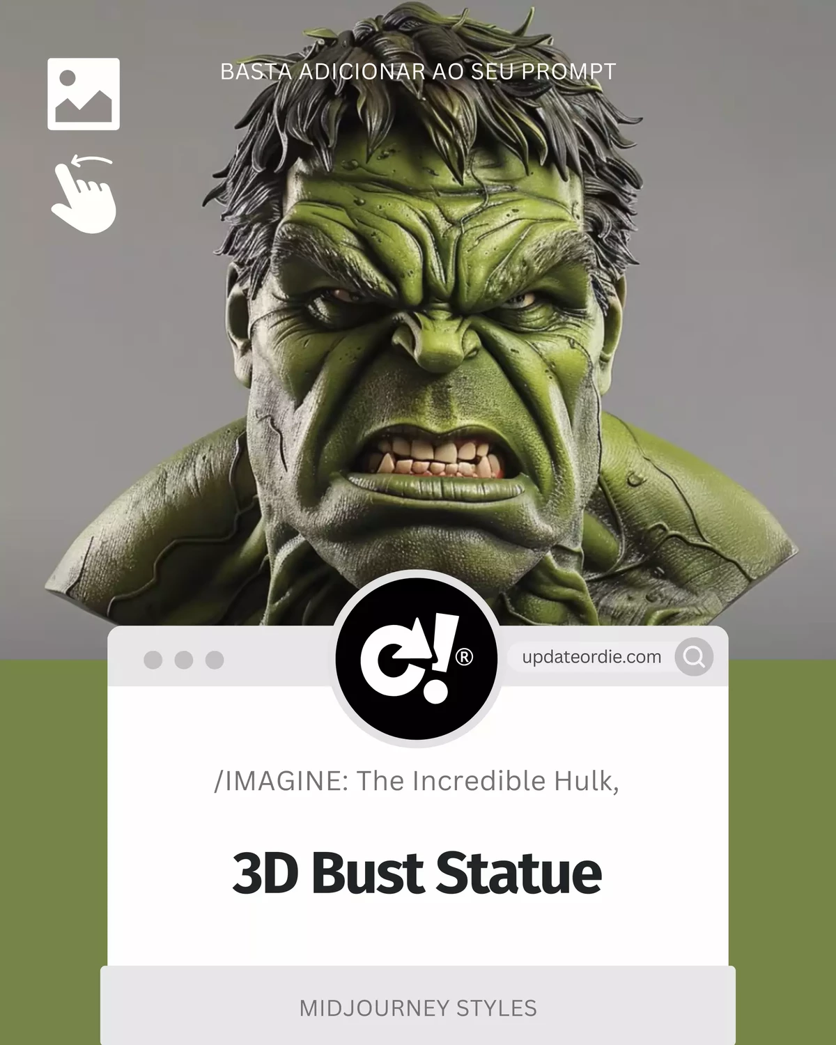 3D bust statue of the Incredible Hulk with detailed facial expressions and green skin, displayed on a gray background.