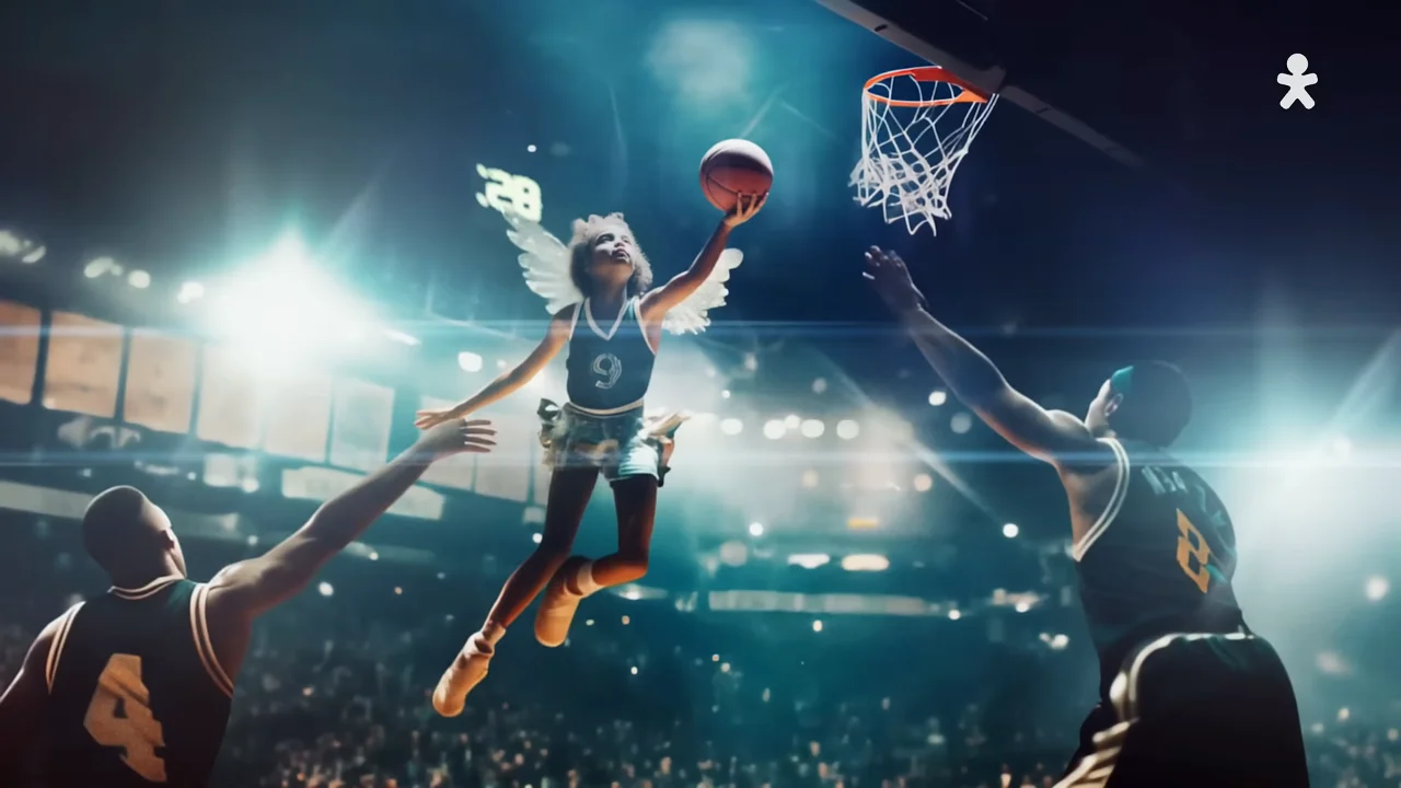 Fantasy basketball game featuring a young player with wings making a dramatic dunk in a packed stadium.