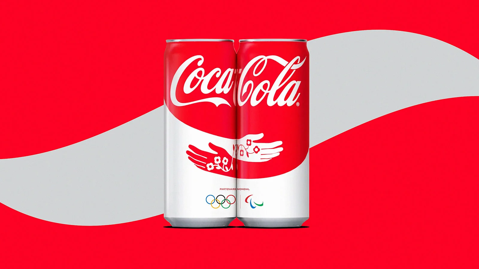 Two Coca-Cola cans with Olympic and Paralympic logos on a red and white background.