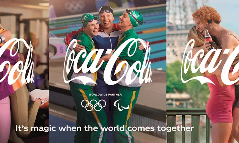 Coca-Cola advertisement featuring athletes and couples celebrating together, highlighting its partnership with the Olympics and Paralympics.