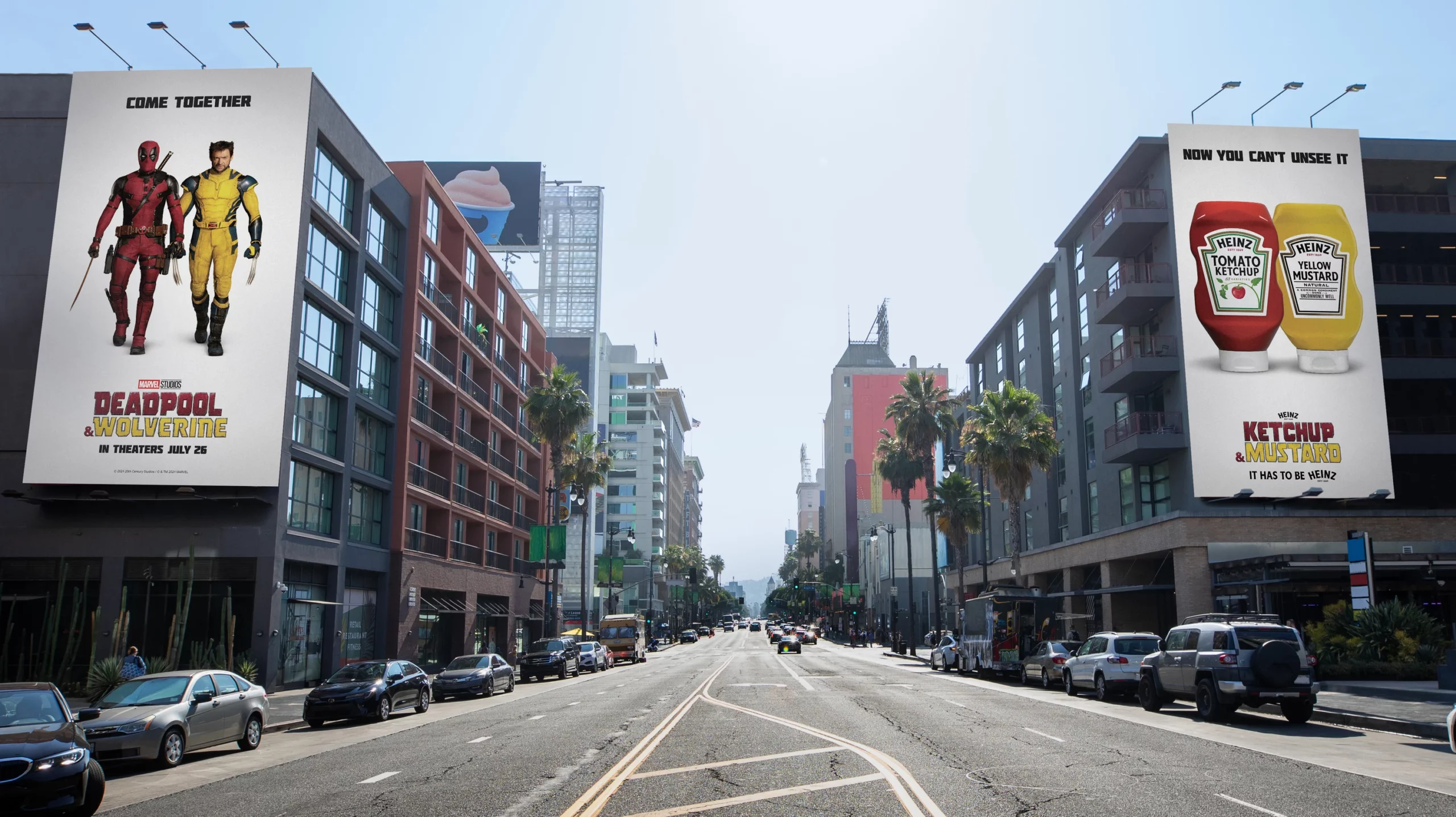 Street view with large billboards featuring Deadpool and Wolverine movie poster on the left and Heinz ketchup and mustard advertisement on the right.